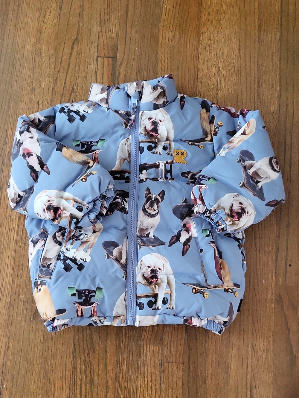 Kids Puffer Jacket with Dog Skateboard Print - Light Blue